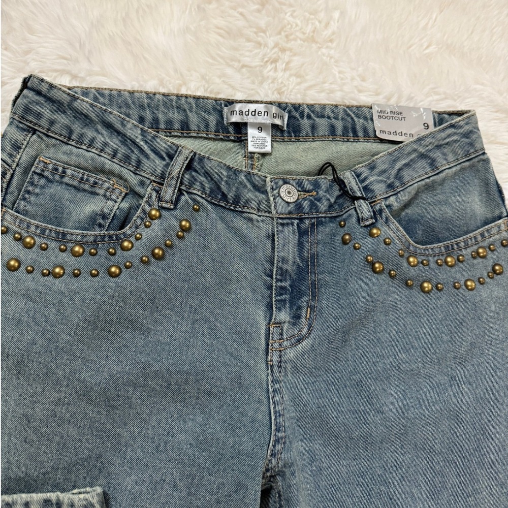 Madden Girl Mid Rise Bootcut Jeans Blue Studded Denim Size 9 NEW - Picture 5 of 10